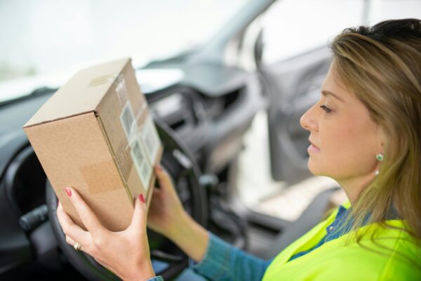 A woman courier checks a delivery package while seated inside a car, ready for distribution.